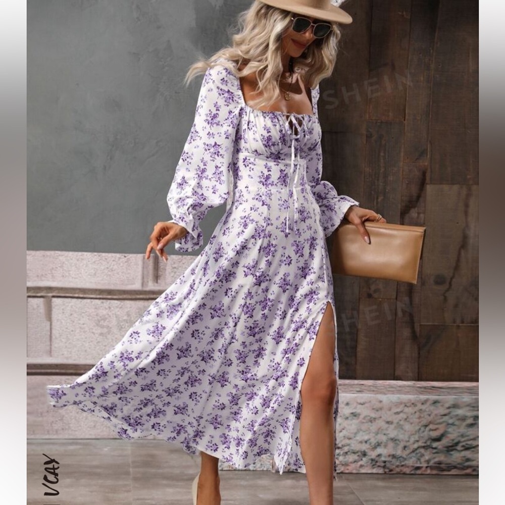 NWOT SHEIN Floral Print Flounce Sleeve Knot Front Split Thigh Dress Small